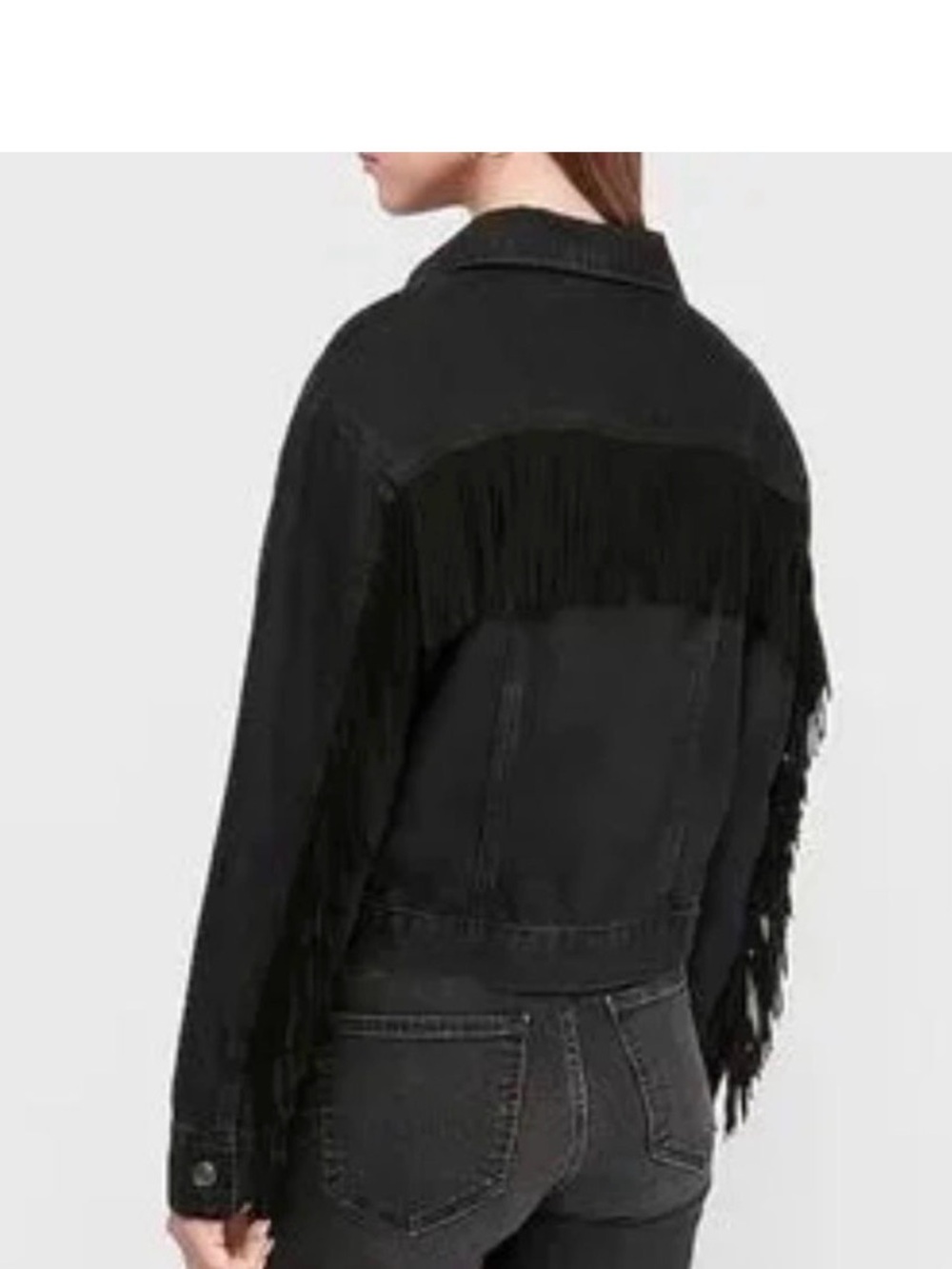 Zara Woman distressed black denim jacket with fringe back down arms - Picture 12 of 12